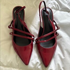 Patent Red Pointed-Toe Slingback Flats - Unbranded